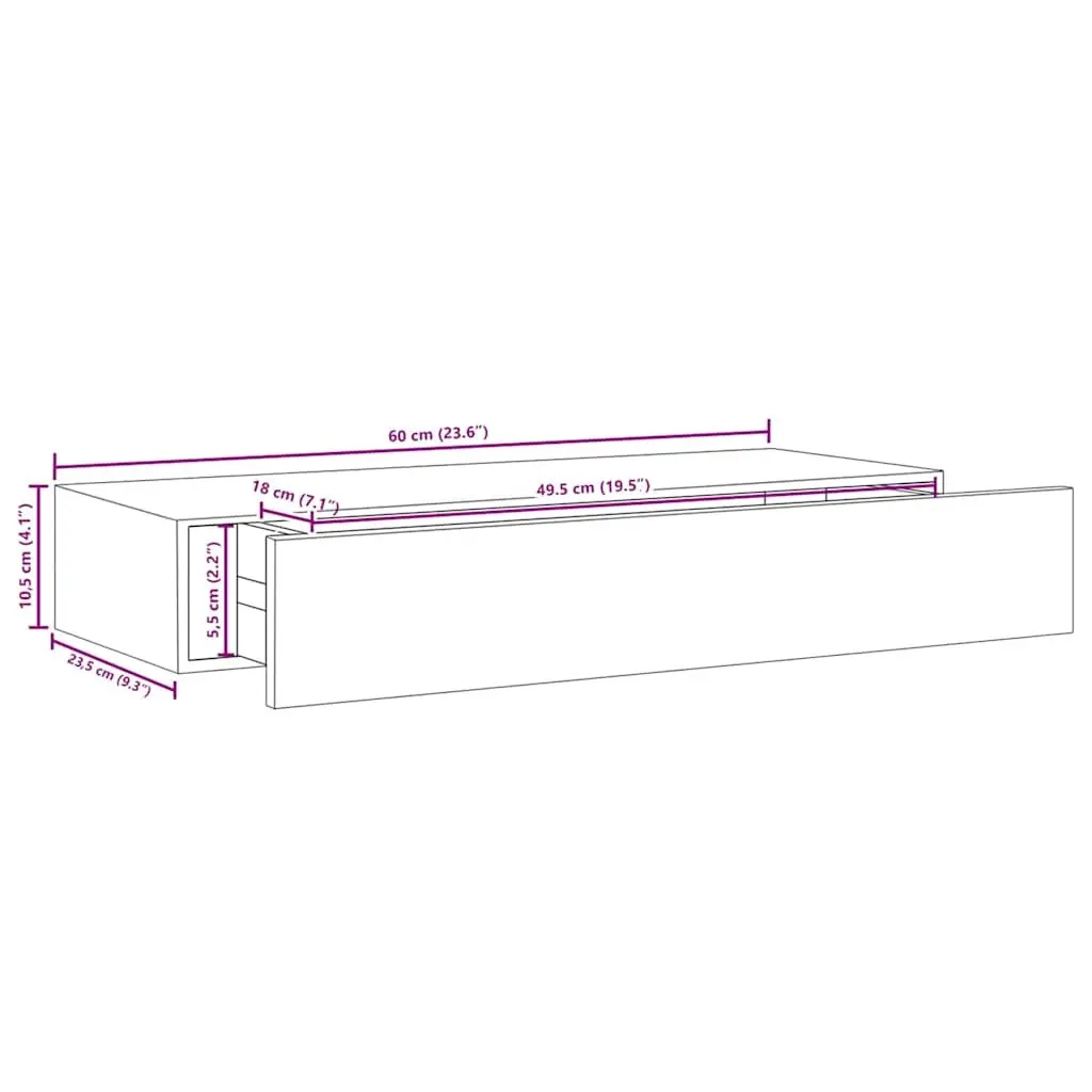 Wall-mounted Drawer Shelf Storage 60x23.5x10cm Oak Brown