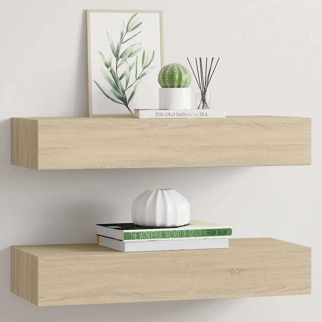 Wall-mounted Drawer Shelves Floating Storage Organizer Oak Brown 60x23.5x10cm Set of 2