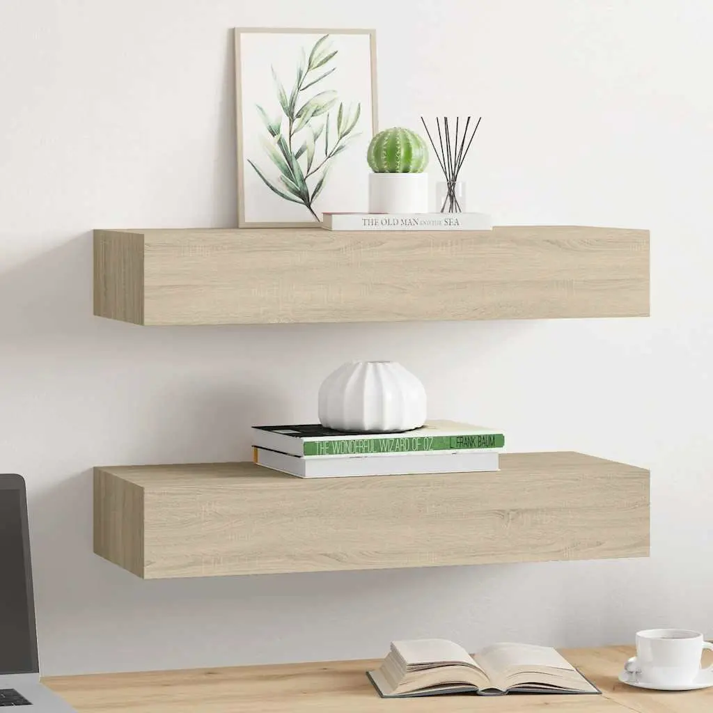 Wall-mounted Drawer Shelves Floating Storage Organizer Oak Brown 60x23.5x10cm Set of 2