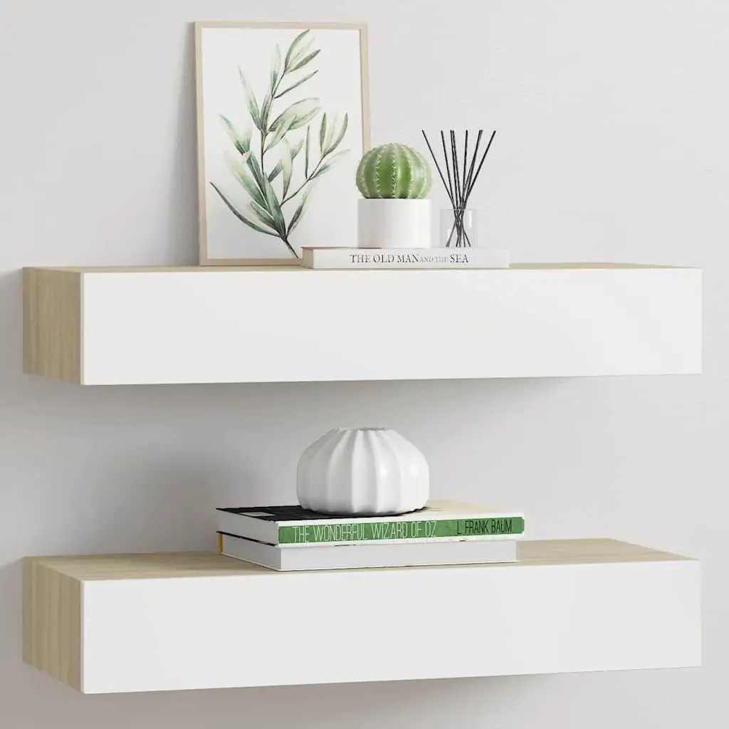 Wall Drawer Shelves 2 Piece Floating Storage 60x23.5x10cm Oak White MDF