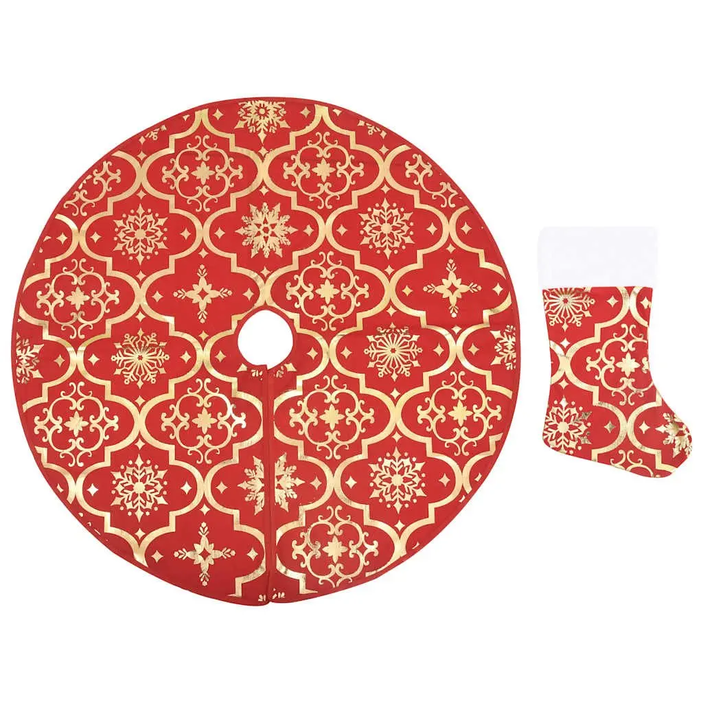 Christmas Tree Skirt Red 122cm Fabric Holiday Decor with Matching Sock