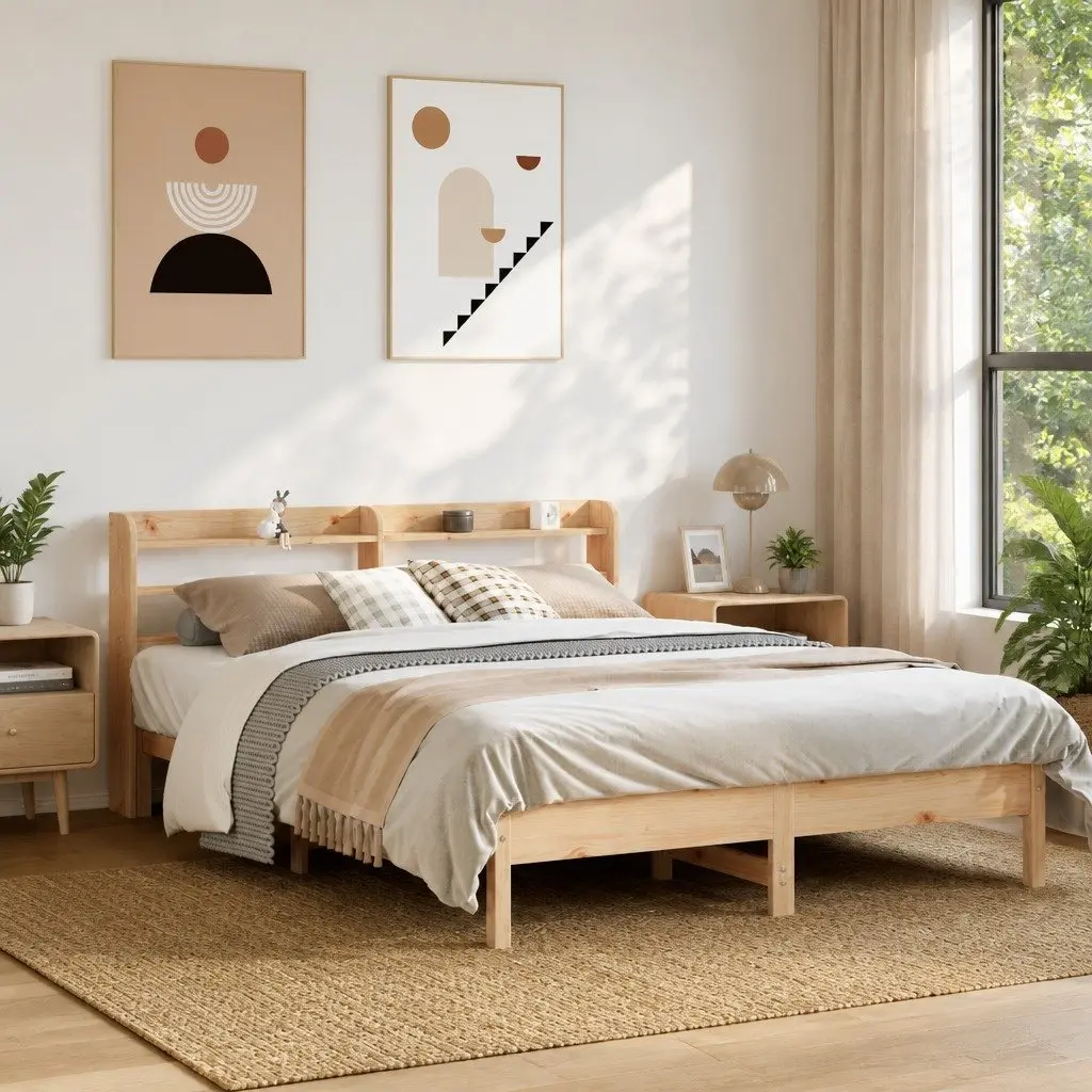 Solid Pine Bed Frame with Storage Headboard