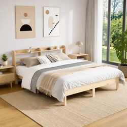 Solid Wood Pine Bed Frame 135x190cm Brown Slatted Base Headboard Storage Shelves