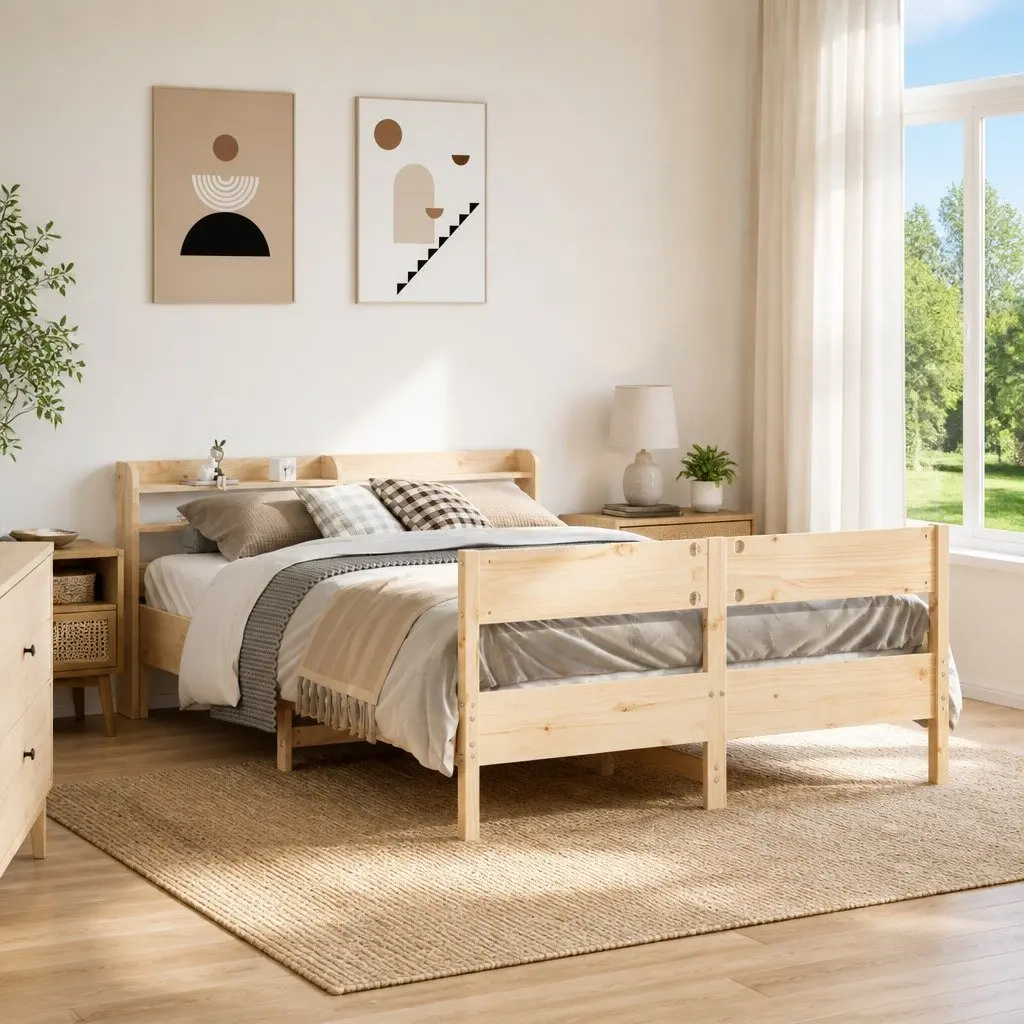 Bed Frame Solid Pine Wood Slatted Base 150x200cm Brown Headboard Storage Shelves