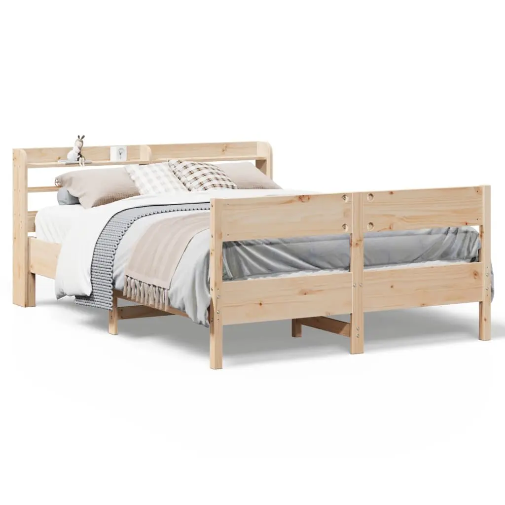 Bed Frame Solid Pine Wood Slatted Base 150x200cm Brown Headboard Storage Shelves