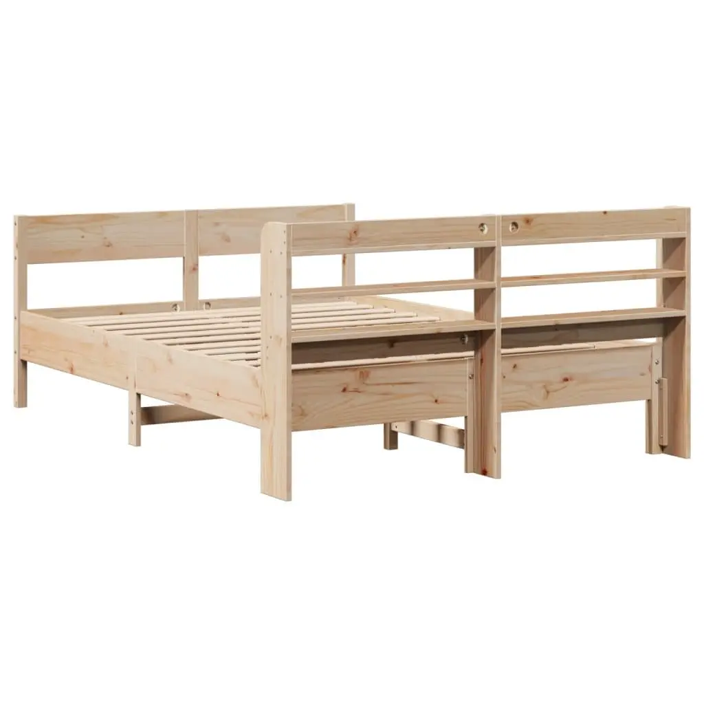 Bed Frame Solid Pine Wood Slatted Base 150x200cm Brown Headboard Storage Shelves