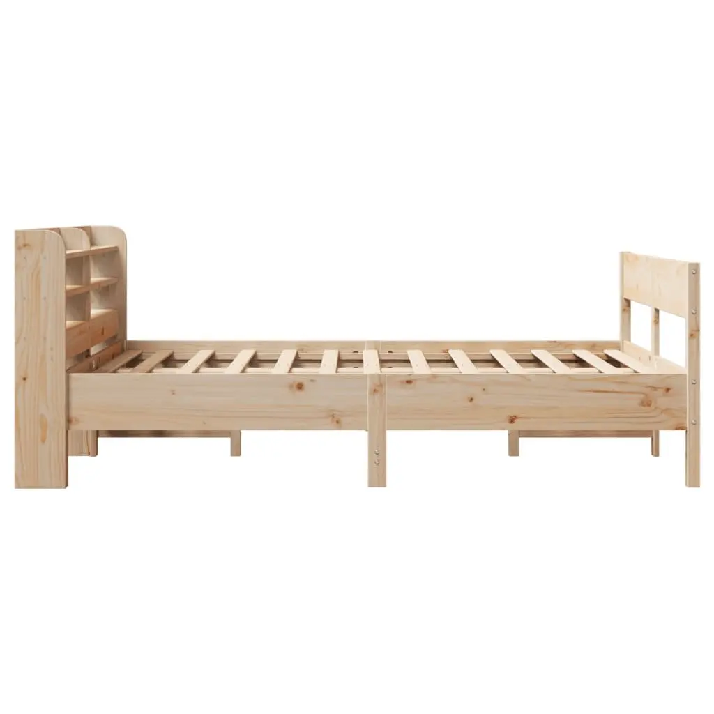 Bed Frame Solid Pine Wood Slatted Base 150x200cm Brown Headboard Storage Shelves