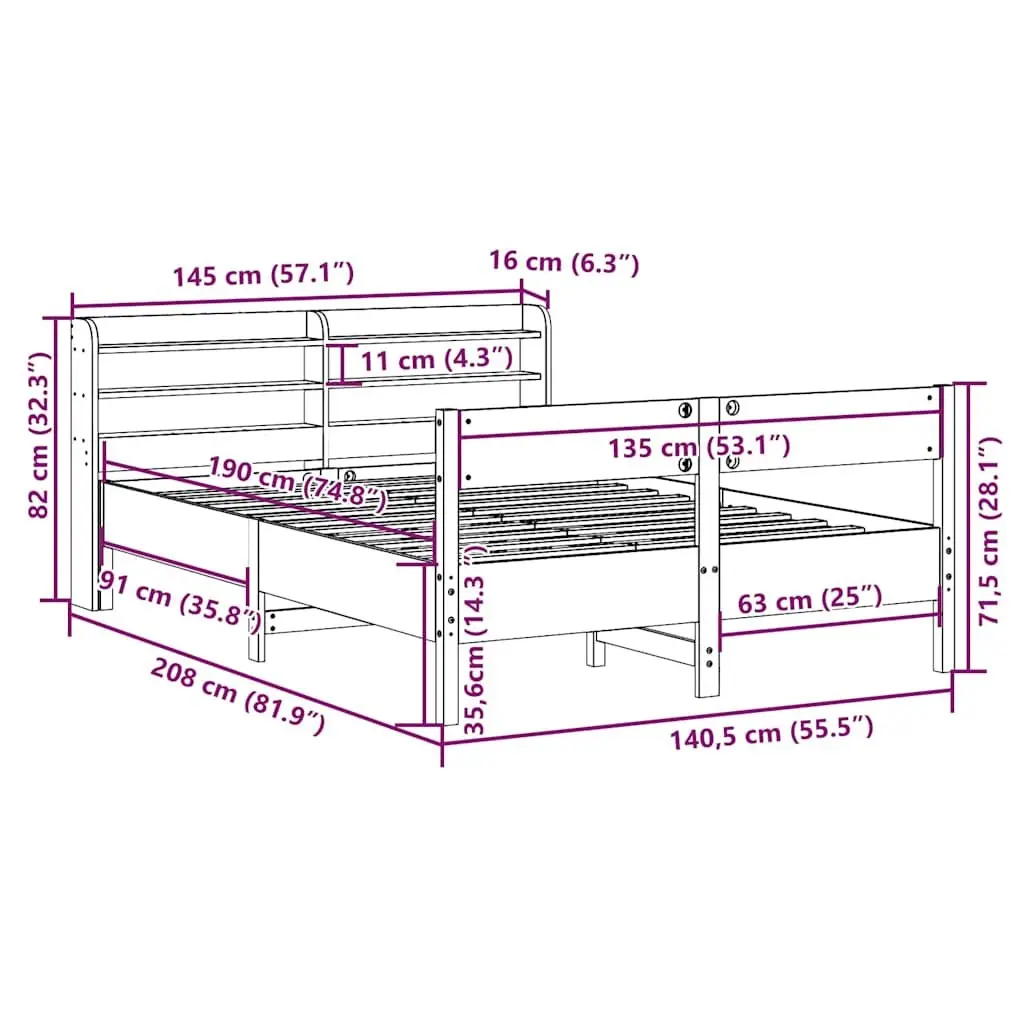 Solid Wood Pine Bed Frame 135x190 cm Headboard Storage Shelves Slatted Base