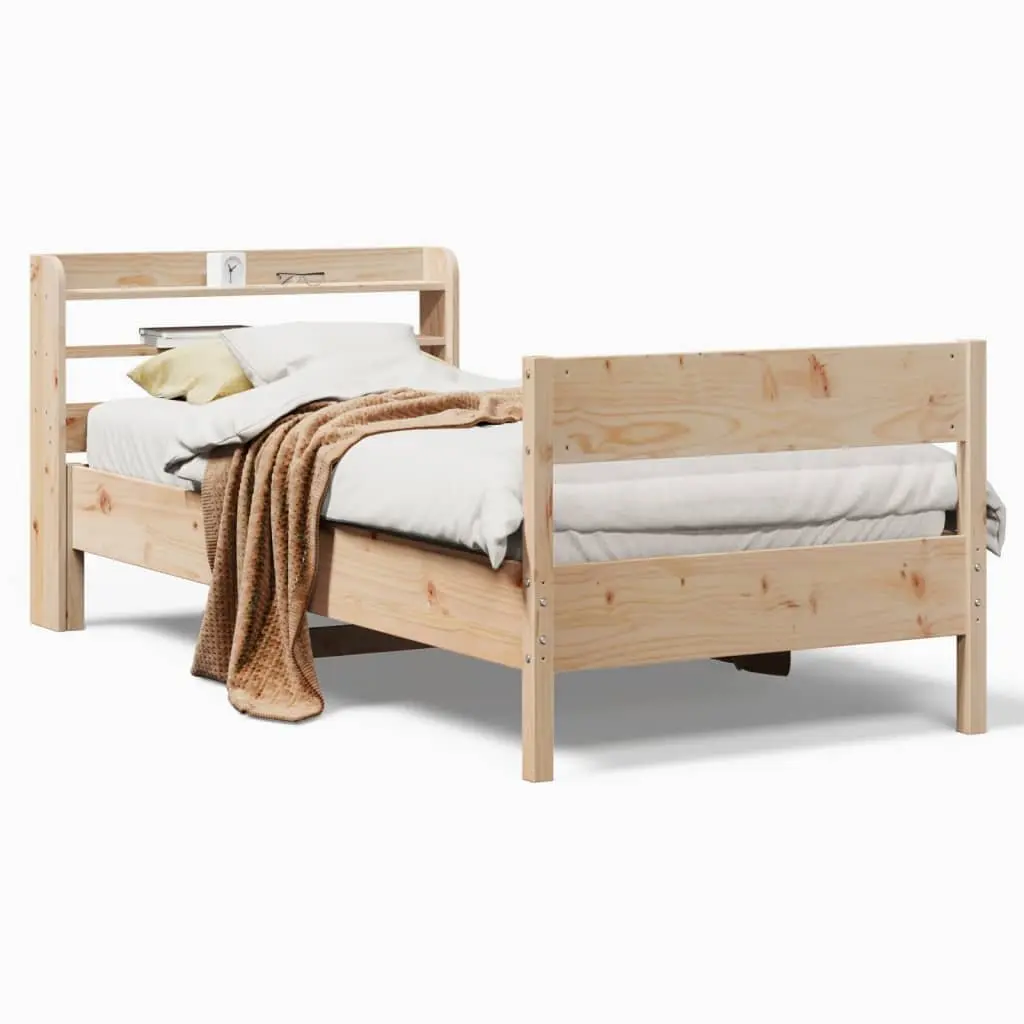 Bed Frame 90x190 cm Solid Pine Wood Slatted Base Headboard Storage Shelves