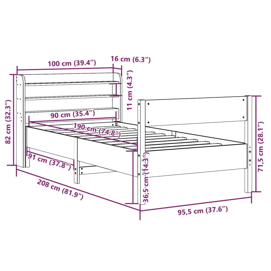 Bed Frame 90x190 cm Solid Pine Wood Slatted Base Headboard Storage Shelves