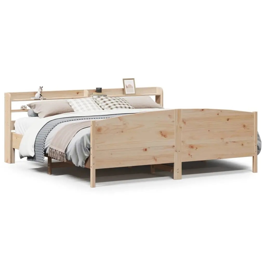 Solid Wood Pine Bed Frame 180x200 cm with Headboard and Storage Shelves Brown
