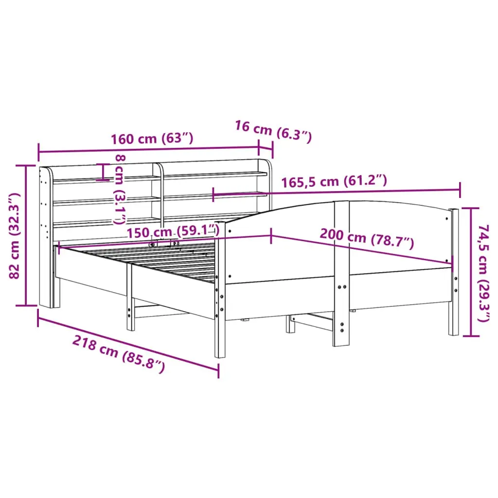 Solid Wood Pine Bed Frame 150x200 cm with Headboard Storage Shelves Slatted Base