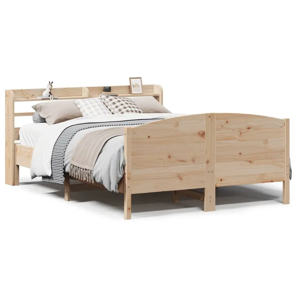 Bed Frame Solid Pine Wood Slatted Base 135x190 cm Brown with Headboard and Storage Shelves