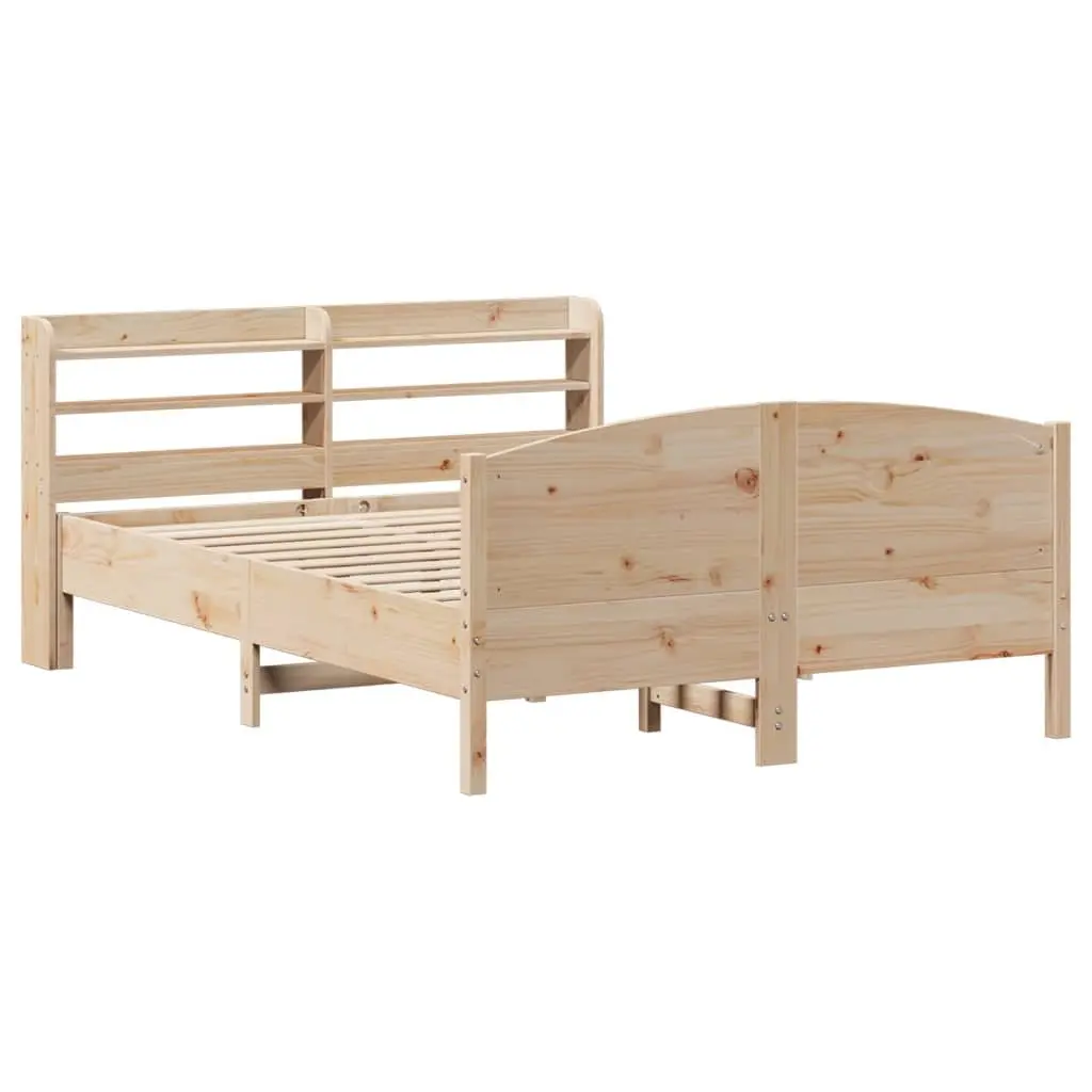 Bed Frame Solid Pine Wood Slatted Base 135x190 cm Brown with Headboard and Storage Shelves