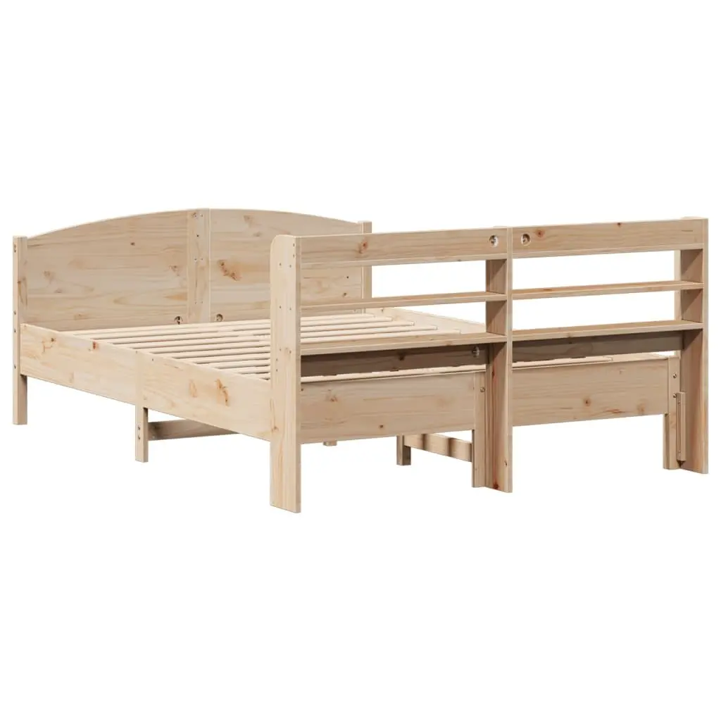 Bed Frame Solid Pine Wood Slatted Base 135x190 cm Brown with Headboard and Storage Shelves