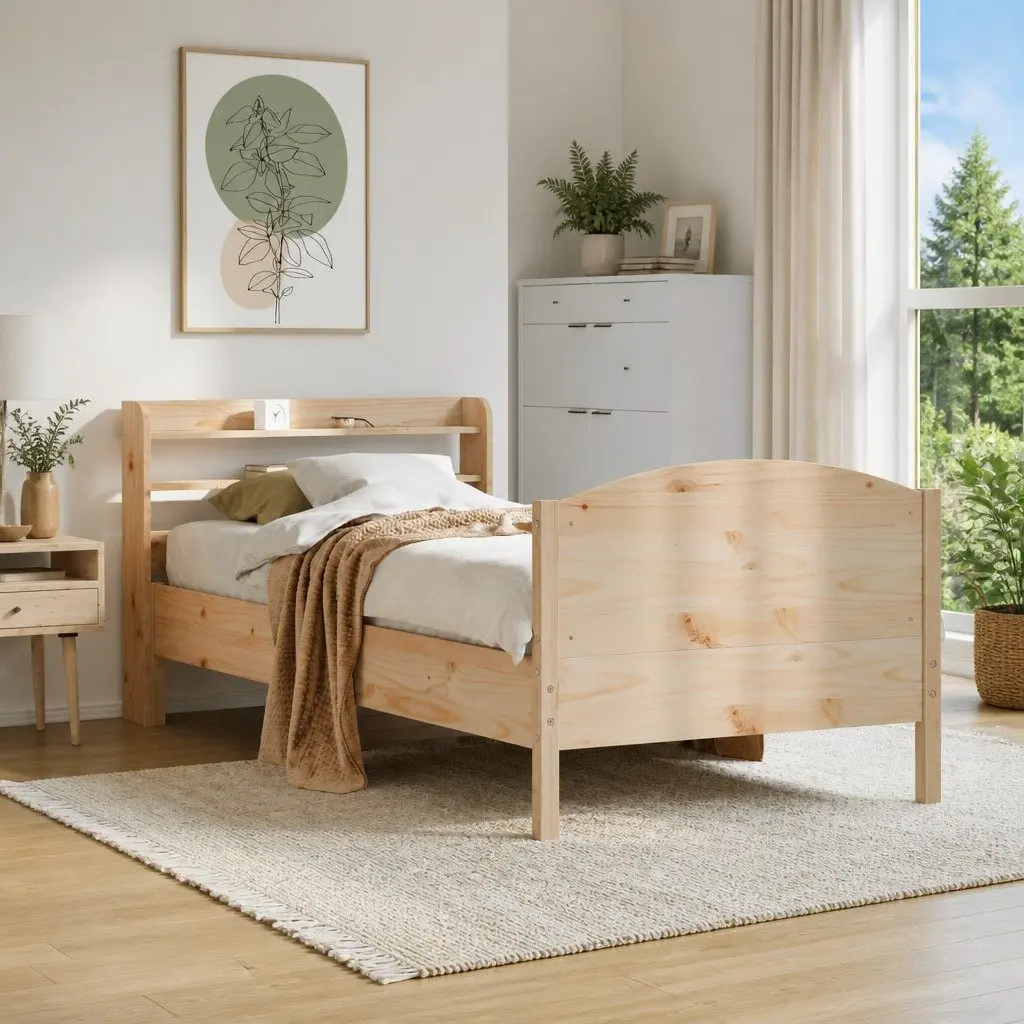 Solid Wood Bed Frame 90x190 cm with Headboard Storage Shelves Brown