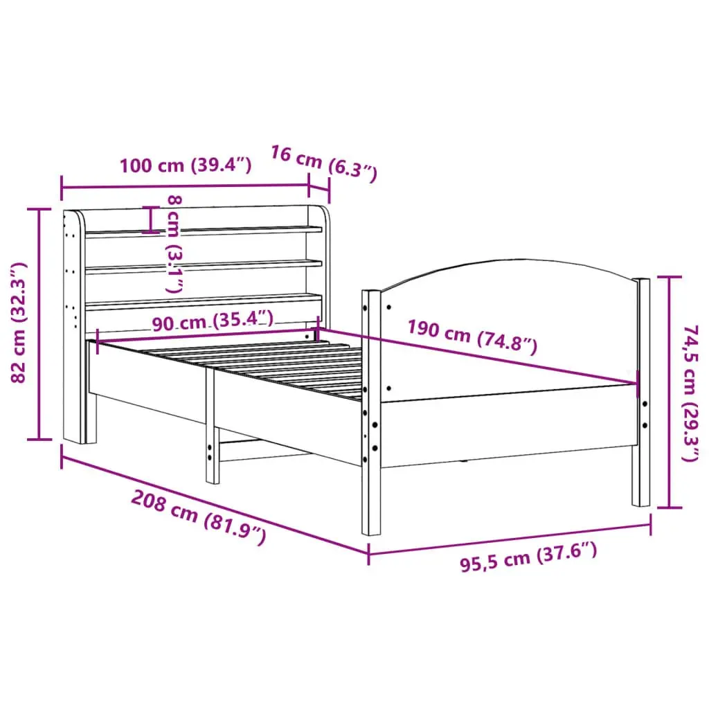 Solid Wood Bed Frame 90x190 cm with Headboard Storage Shelves Brown