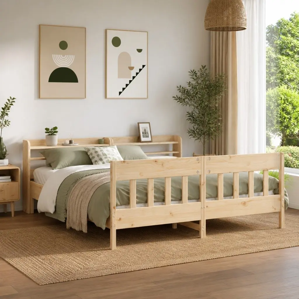 Solid Pine Bed Frame with Headboard Storage 180x200 cm