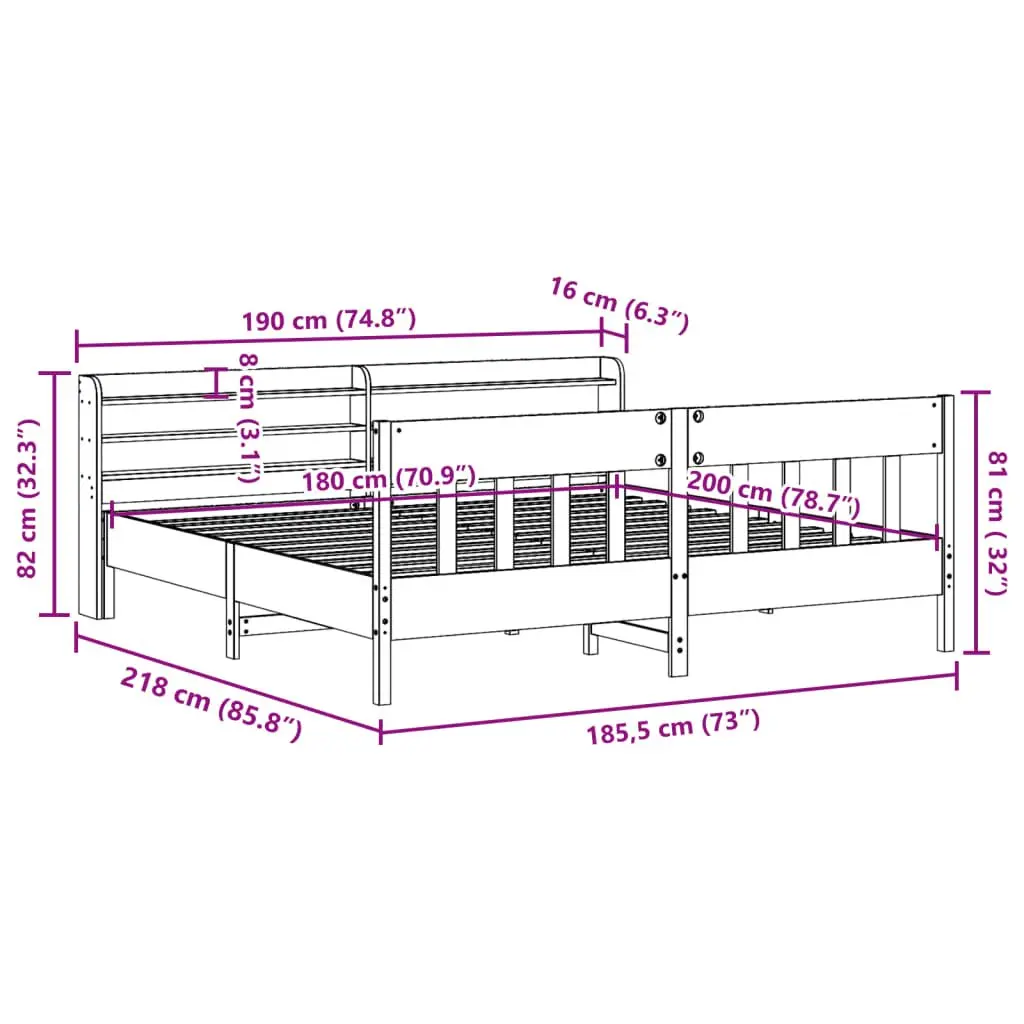 Solid Pine Bed Frame with Headboard Storage 180x200 cm