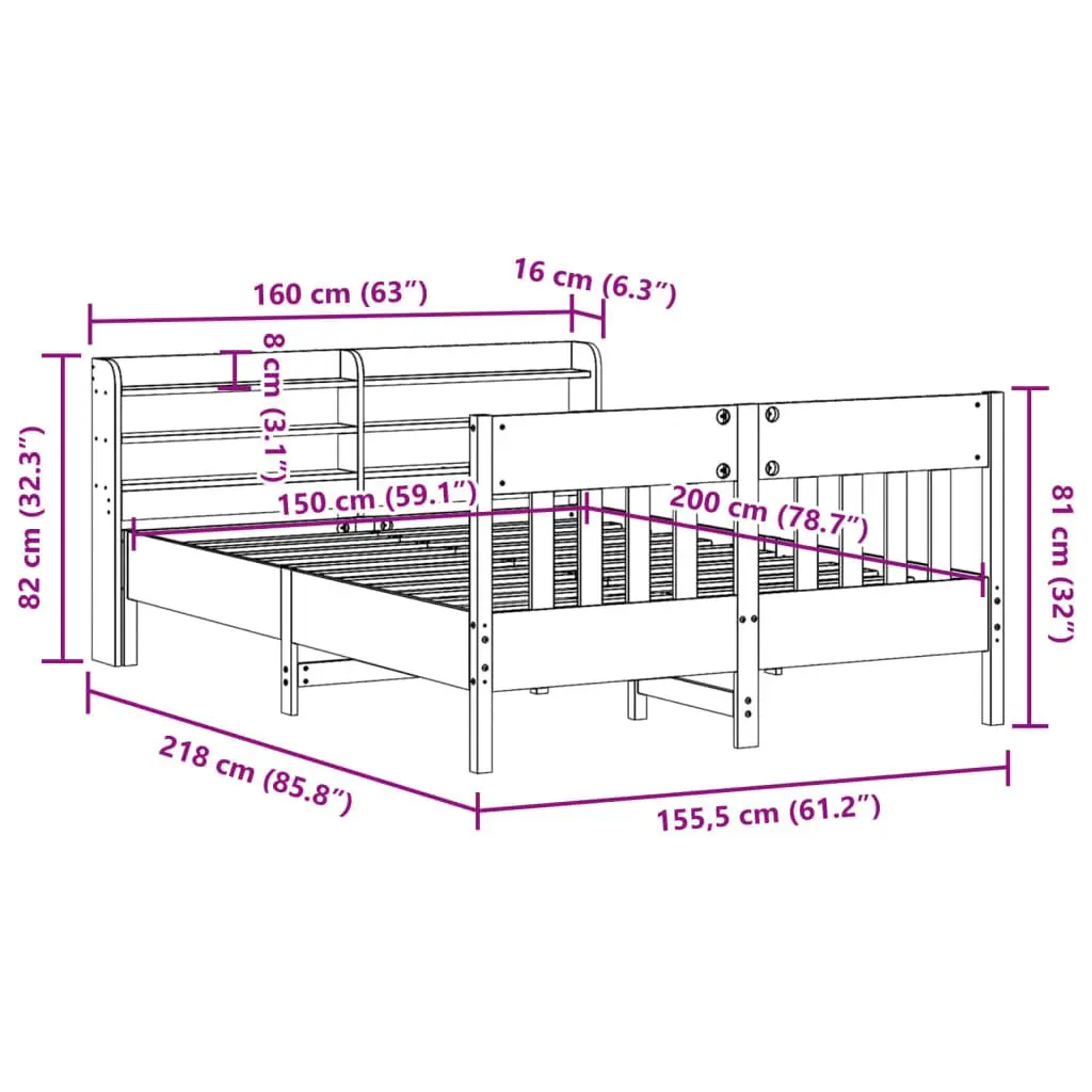 Solid Wood Pine Bed Frame 150x200 cm with Headboard Storage Shelves Brown