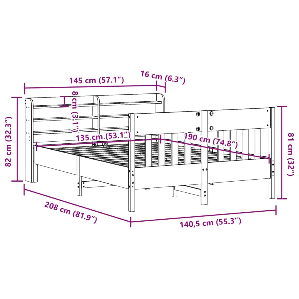 Solid Pine Bed Frame with Storage Shelves 135x190 cm