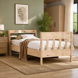 Solid Wood Pine Bed Frame 90x190 cm with Headboard Storage Shelves Slatted Base