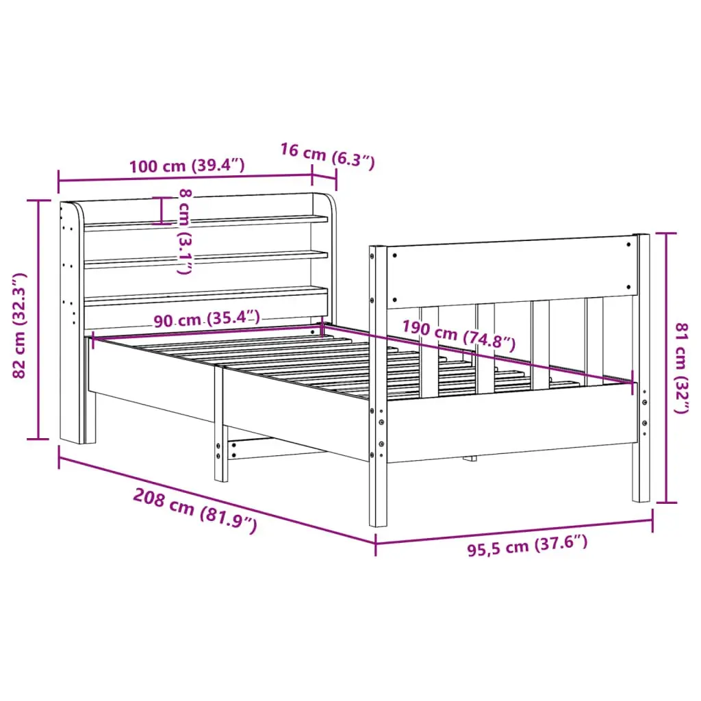 Solid Wood Pine Bed Frame 90x190 cm with Headboard Storage Shelves Slatted Base