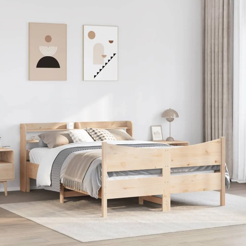 Bed Frame with Storage Headboard 150x200 cm Solid Pine Wood Slatted Base