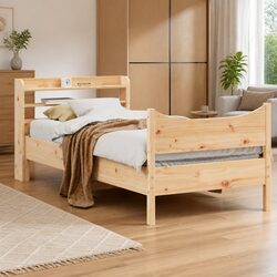Bed Frame 90x200 cm with Headboard Storage Shelves Solid Pine Wood Bedroom