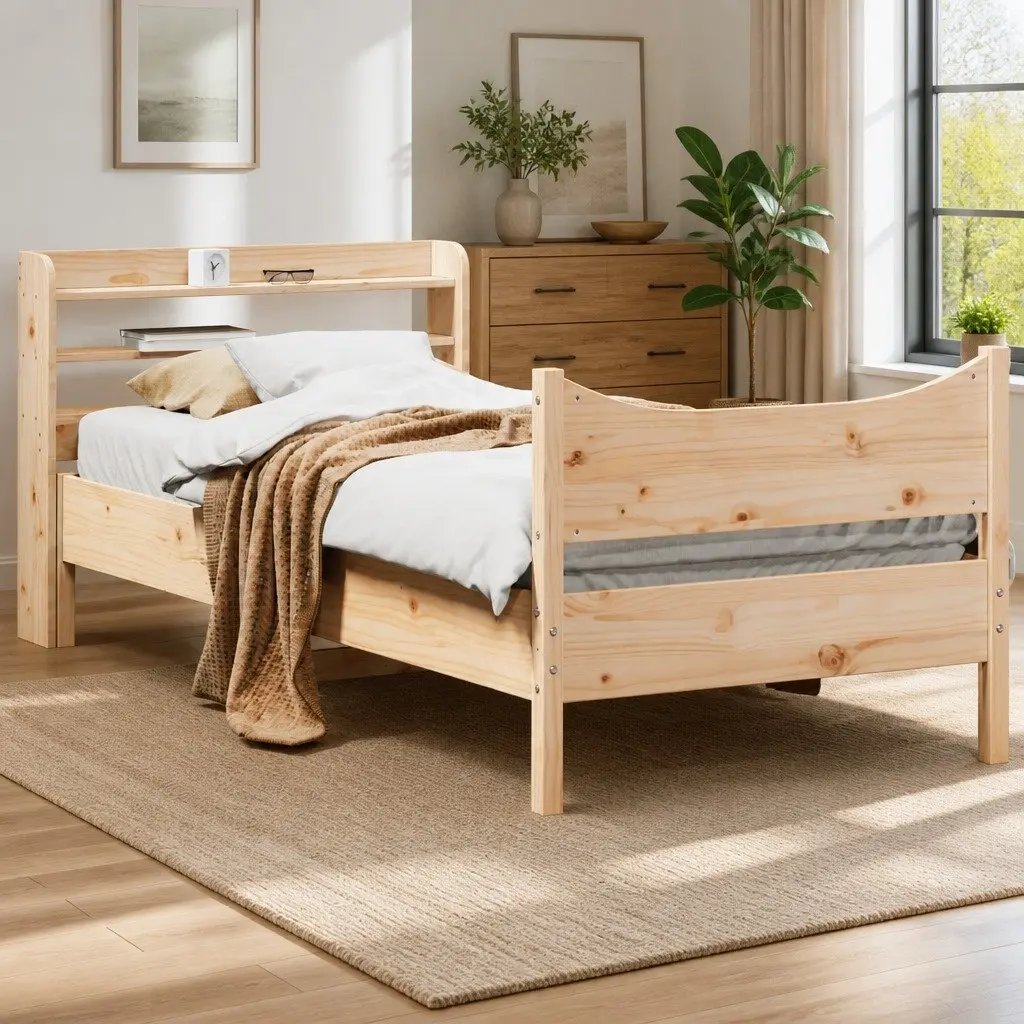 Solid Pine Wood Bed Frame 90x190 cm Freestanding Headboard with Storage Shelves Brown Slatted Base