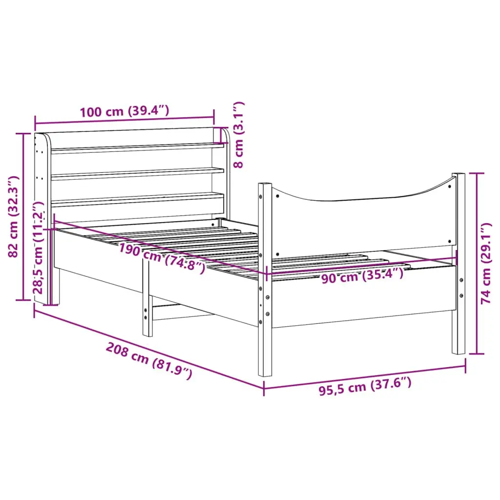 Solid Pine Wood Bed Frame 90x190 cm Freestanding Headboard with Storage Shelves Brown Slatted Base