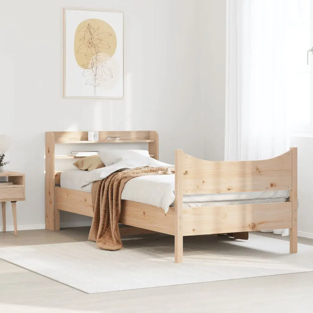 Solid Pine Wood Bed Frame 90x190 cm Freestanding Headboard with Storage Shelves Brown Slatted Base