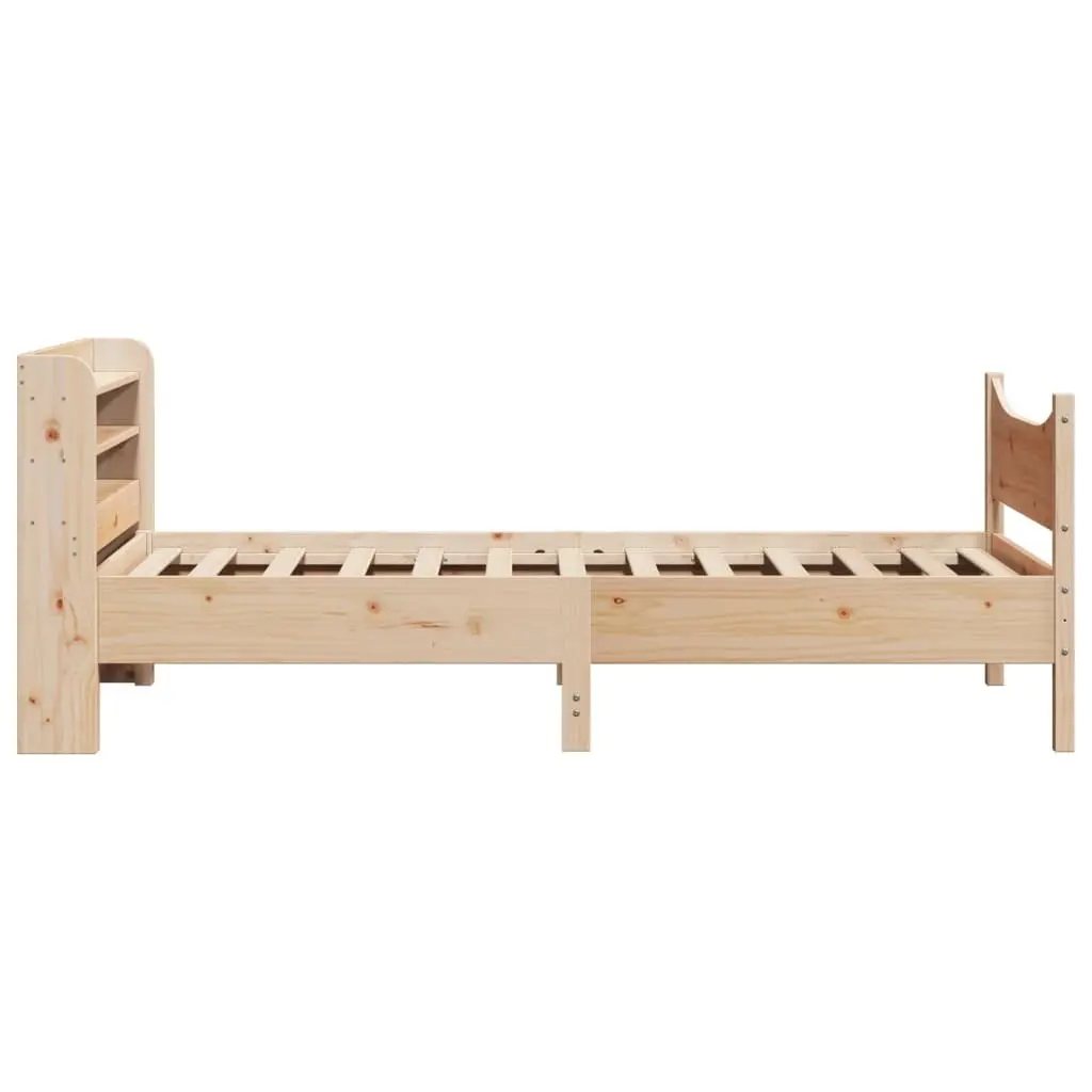 Solid Pine Wood Bed Frame 90x190 cm Freestanding Headboard with Storage Shelves Brown Slatted Base