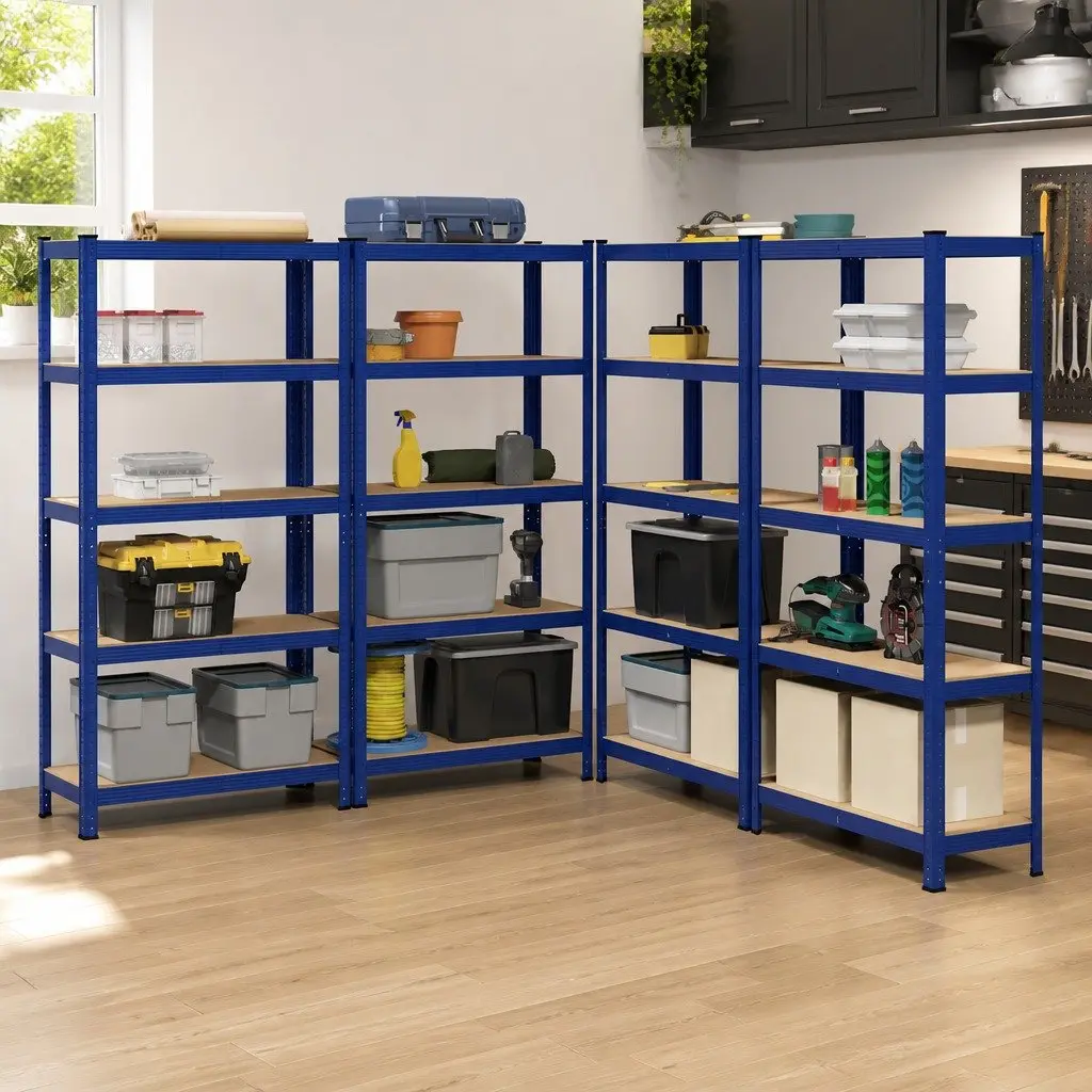Industrial Storage Shelves 5 Layer Heavy Duty Blue Steel Engineered Wood 4 Piece Set