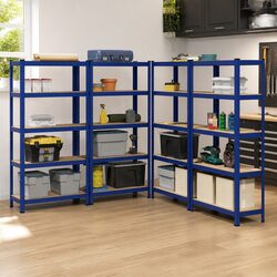 5-Layer Industrial Storage Shelves 4 Piece Set Blue Steel Engineered Wood Garage