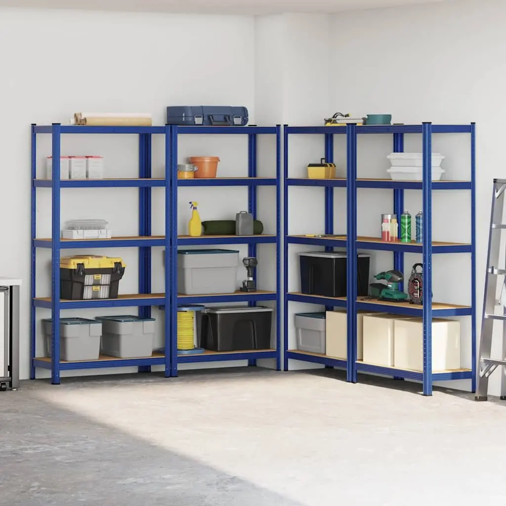 Industrial Storage Shelves 5 Layer Heavy Duty Blue Steel Engineered Wood 4 Piece Set
