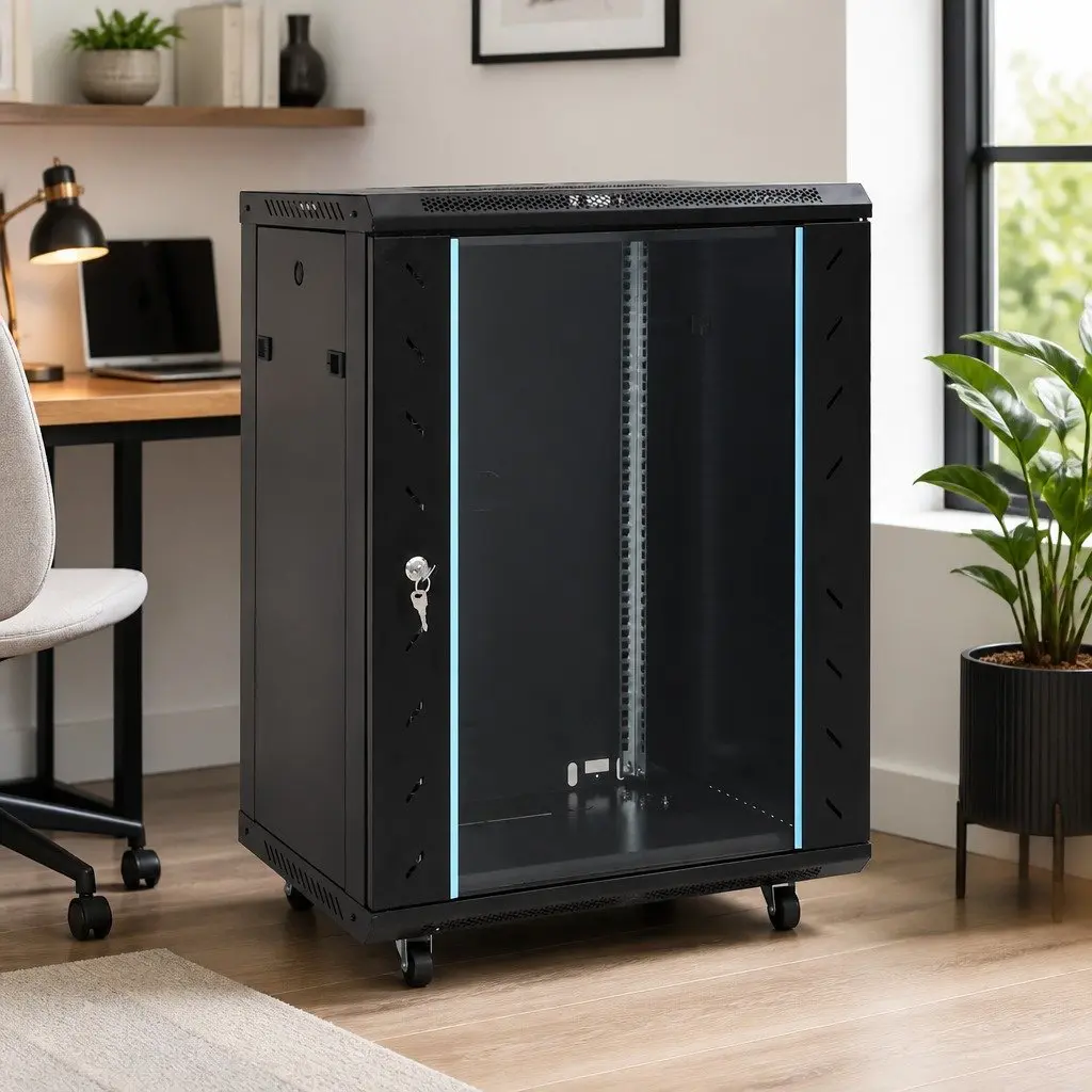 15U Rack Mount Cabinet Black Network Equipment Storage Enclosure 19 Inch Standard Size