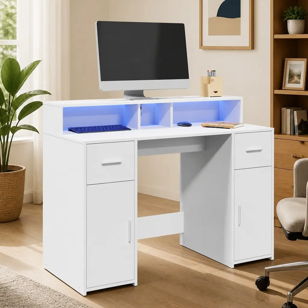 White LED Desk with RGB Lighting and Ample Storage