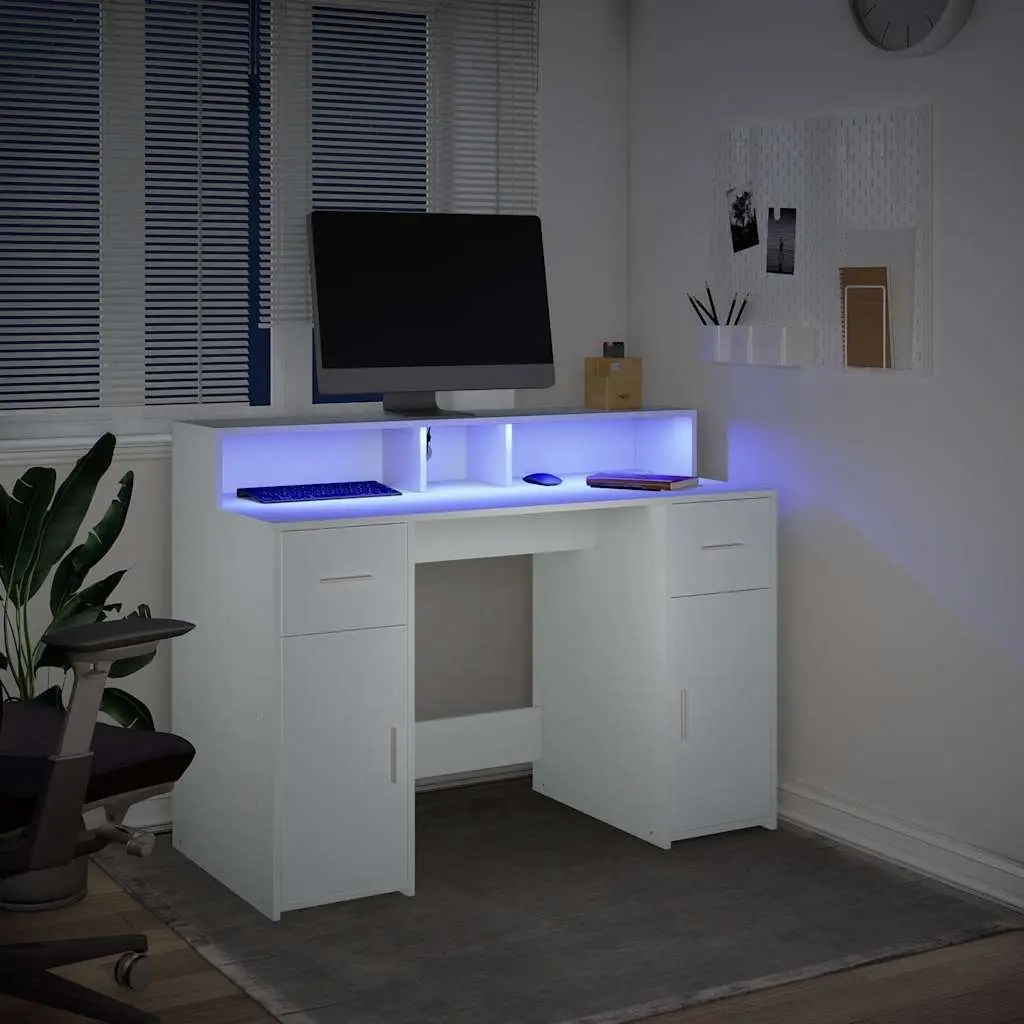 White LED Desk with RGB Lighting and Ample Storage