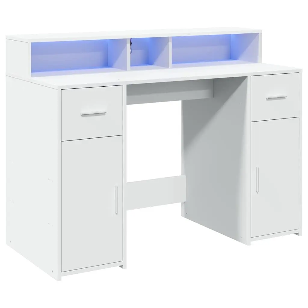 White LED Desk with RGB Lighting and Ample Storage