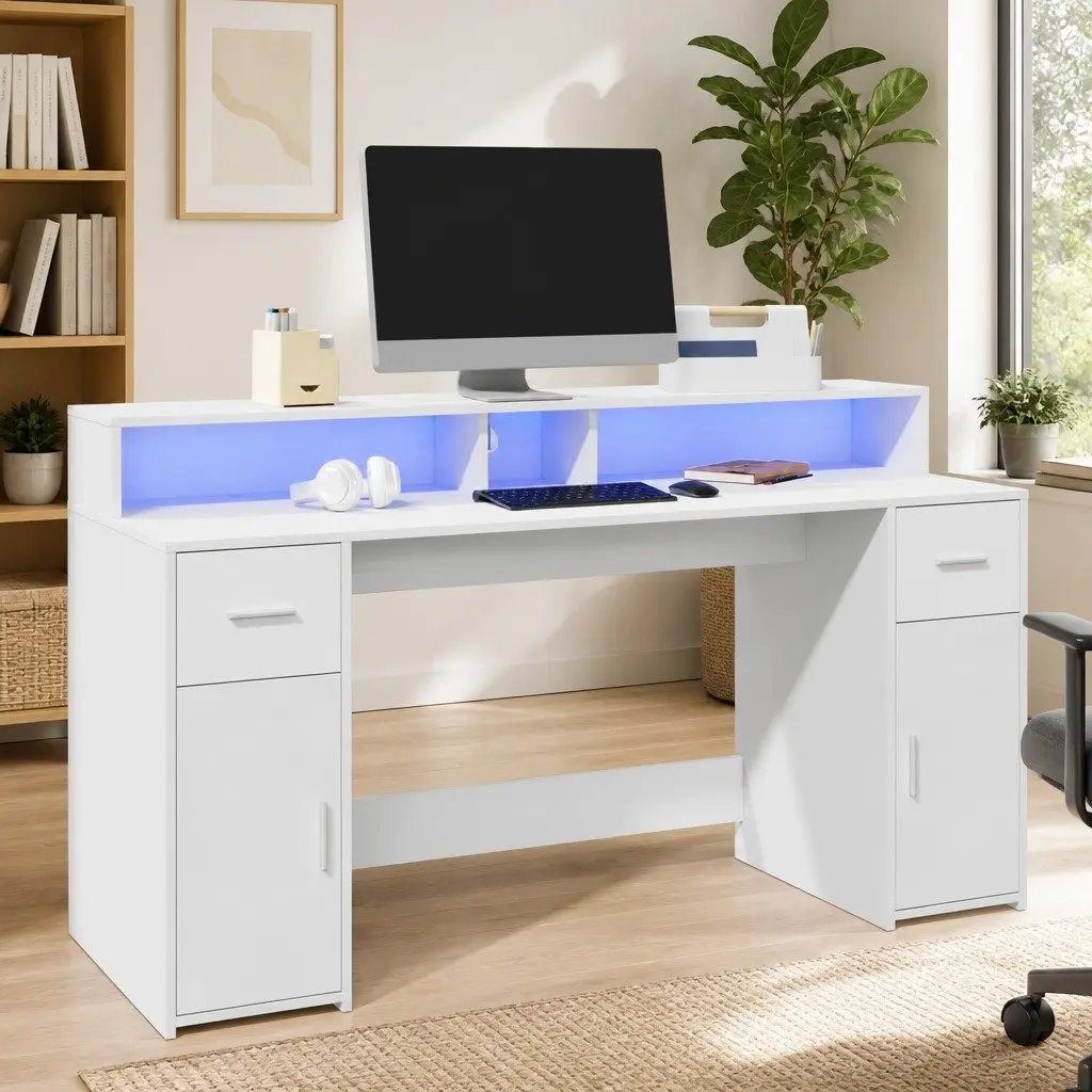 White Office Desk with RGB LED Lights Storage Drawers Engineered Wood