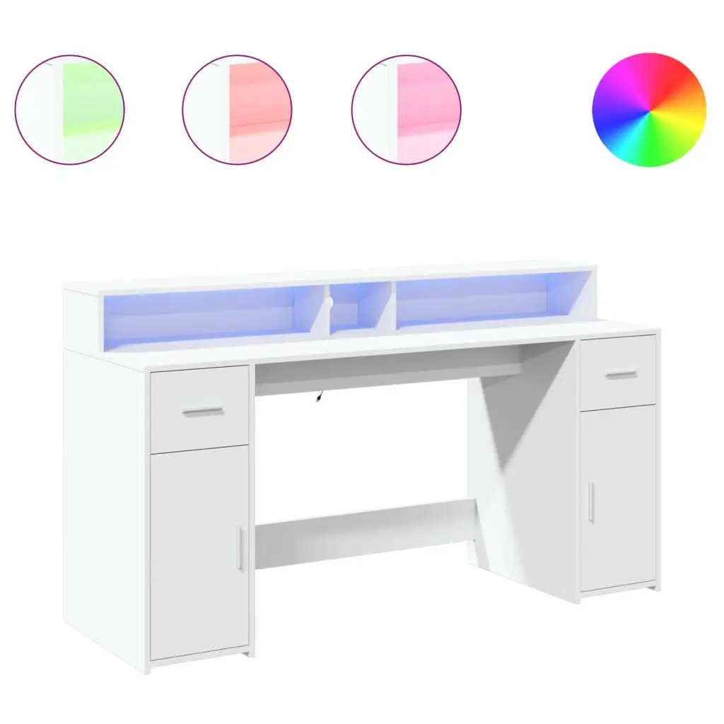 White Office Desk with RGB LED Lights Storage Drawers Engineered Wood