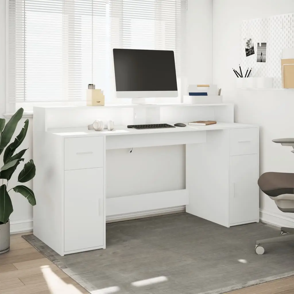 White Office Desk with RGB LED Lights Storage Drawers Engineered Wood