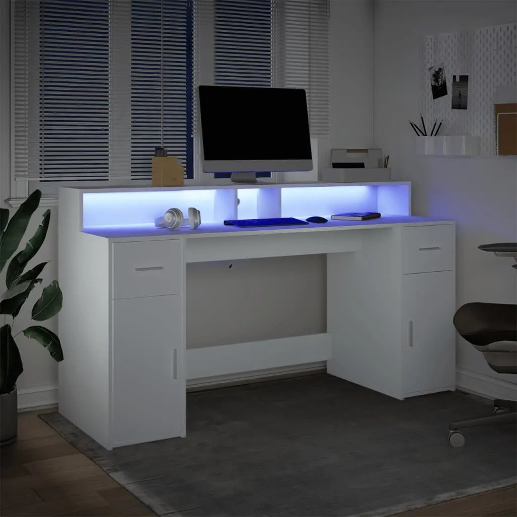 White Office Desk with RGB LED Lights Storage Drawers Engineered Wood