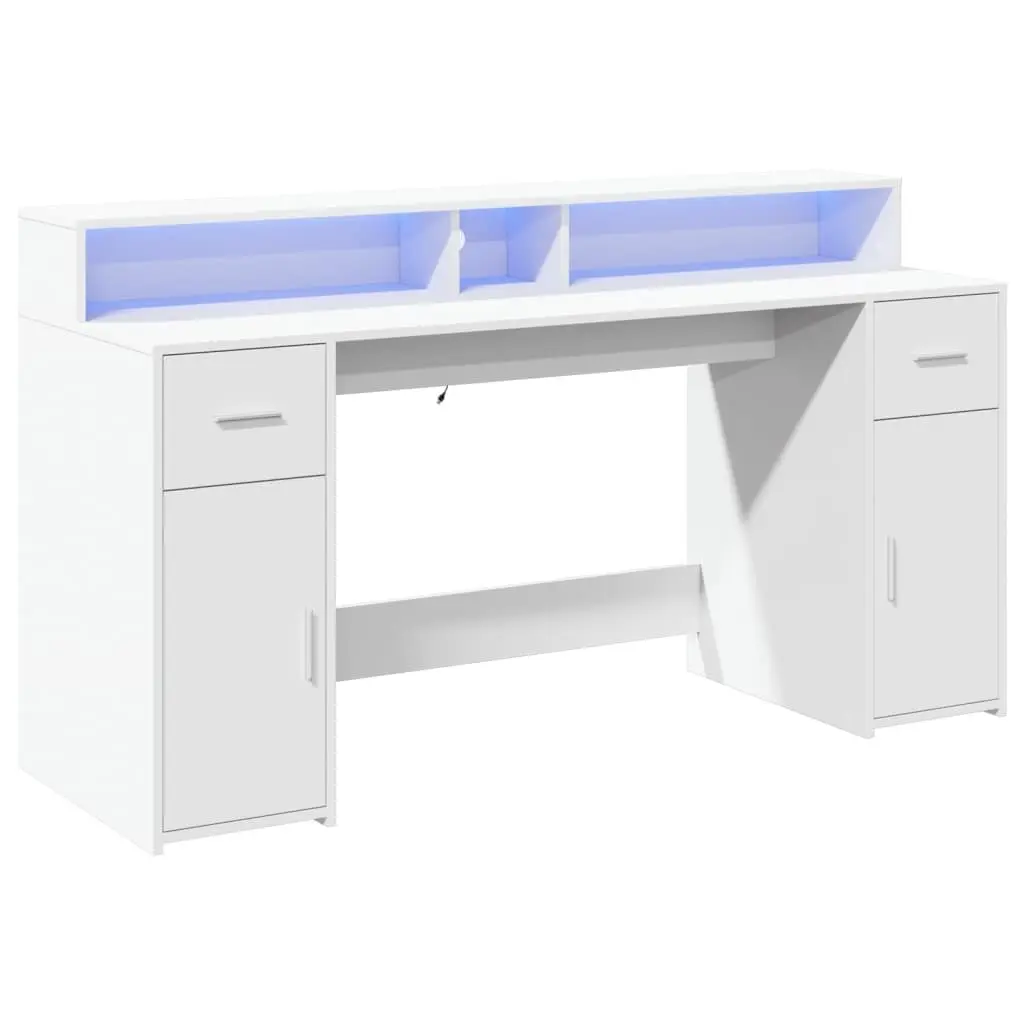White Office Desk with RGB LED Lights Storage Drawers Engineered Wood