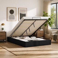 Practical Queen Size Ottoman Bed Frame in Black Faux Leather