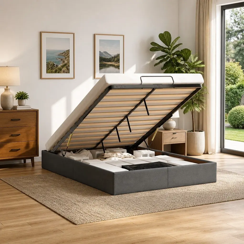 Ottoman Storage Bed Frame Double Grey Fabric Lift Mechanism Bedroom Furniture
