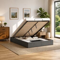 Warm Grey Fabric Ottoman Bed Frame with Ample Storage