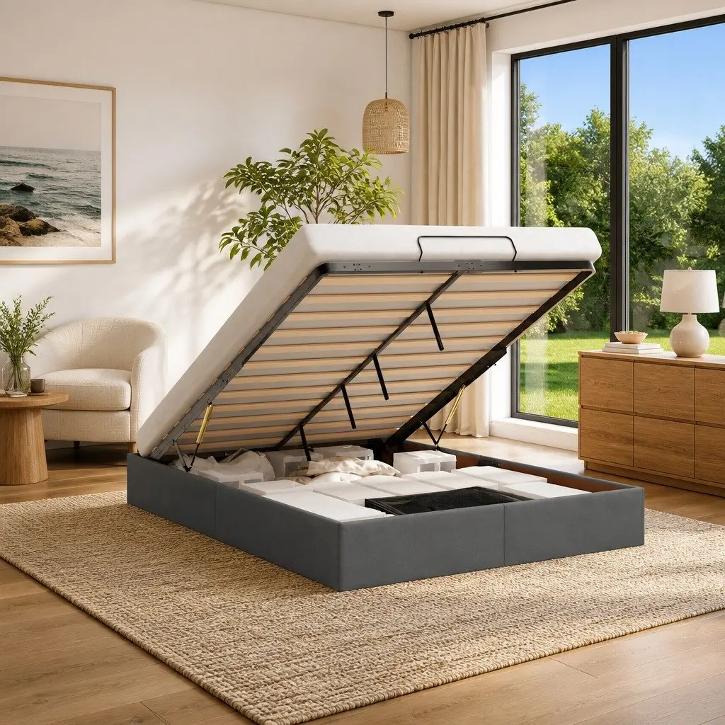 Ottoman Storage Bed Frame Queen Grey Fabric Lift-Up Base
