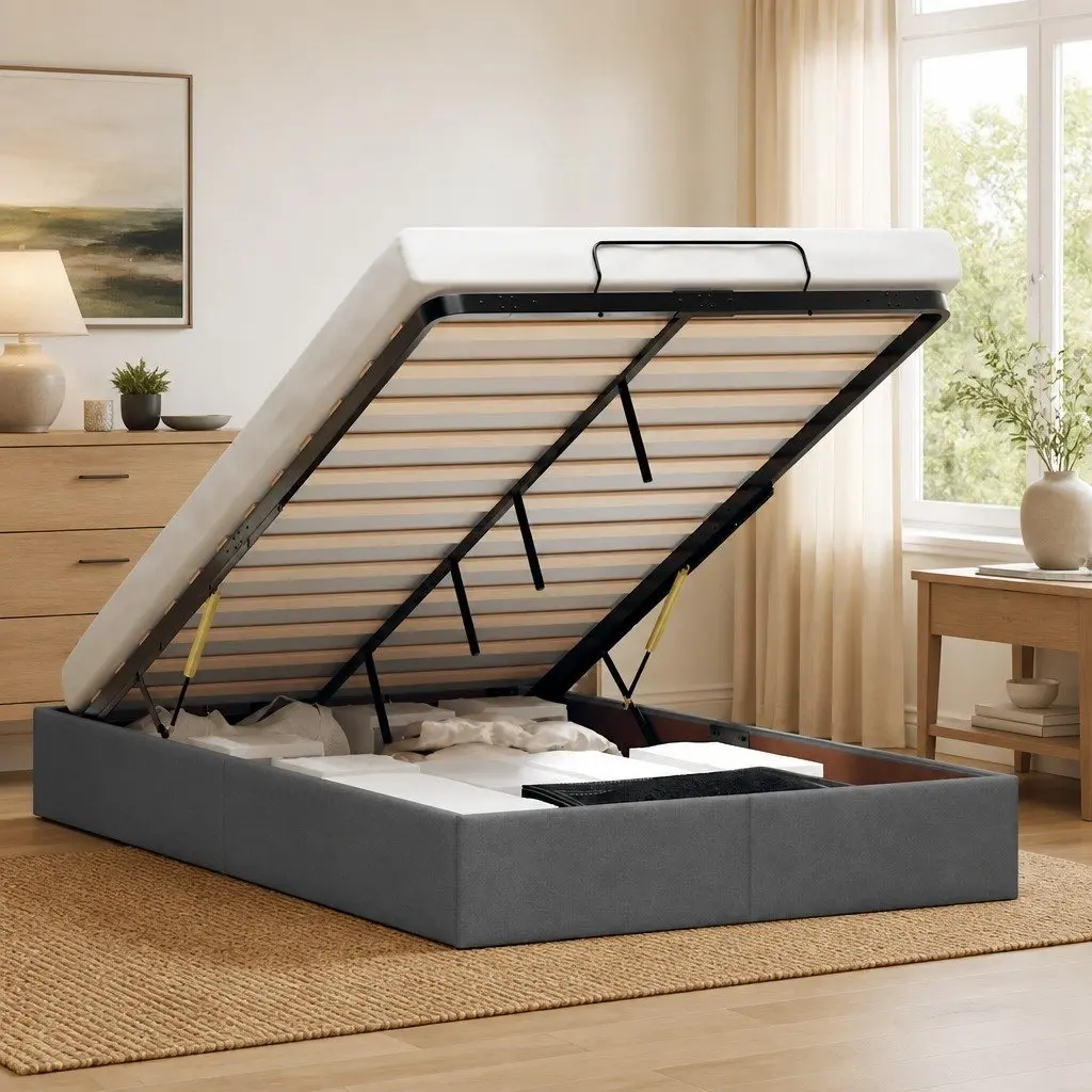 Ottoman Storage Bed Frame King Single Grey Fabric Lift Mechanism Under Bed